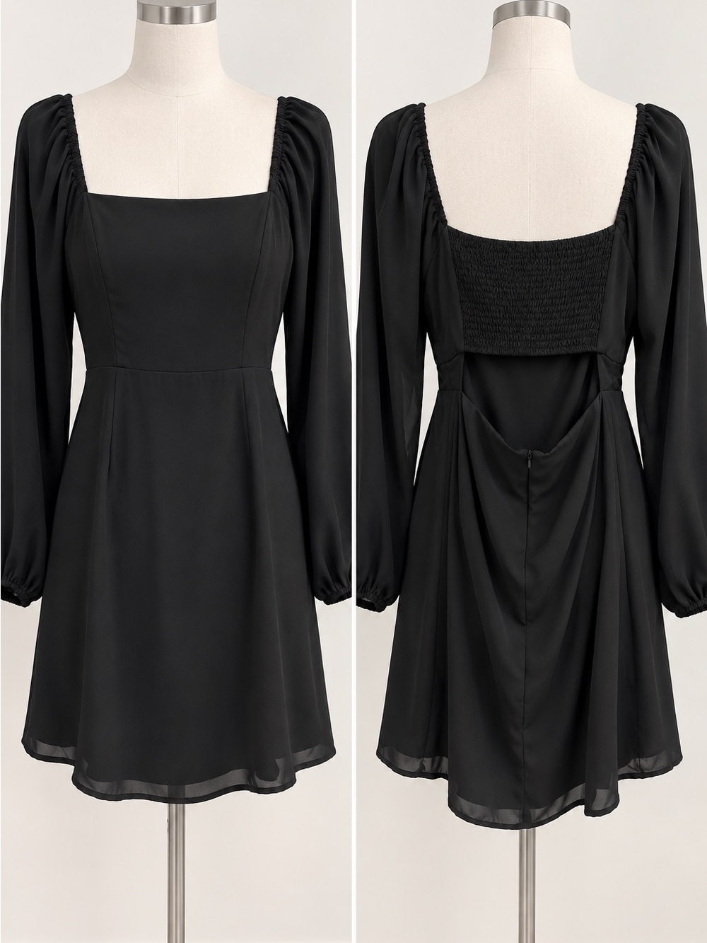 All in Favor Black Square-Neck Long Sleeve A-Line Dress